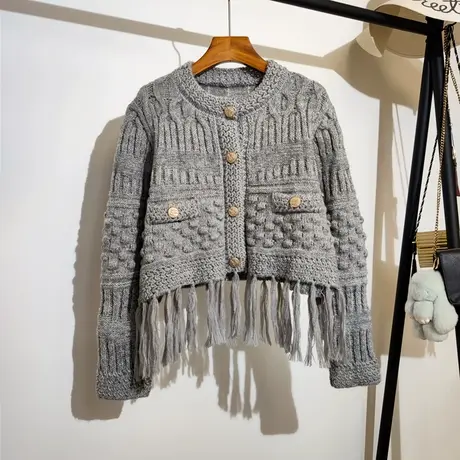 温柔风针织开衫毛衣女秋冬新款法式复古宽松圆领重工流苏上衣外套图片