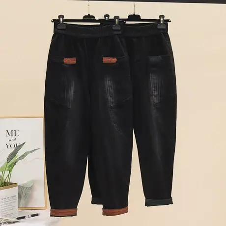 高腰牛仔老爹裤女2023年秋季新款松紧腰宽松显瘦拼色百搭哈伦裤潮商品大图
