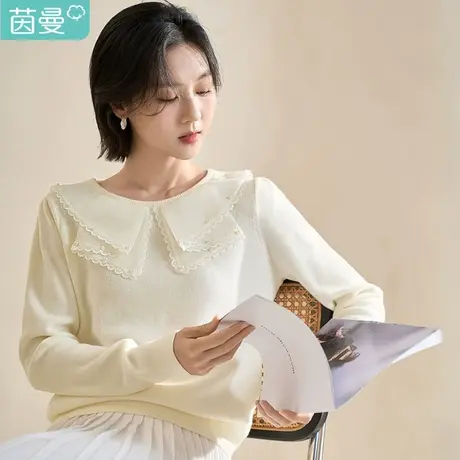 茵曼套头毛衣女春装2023新款田园法式拼接蕾丝珍珠花边宽松圆领图片