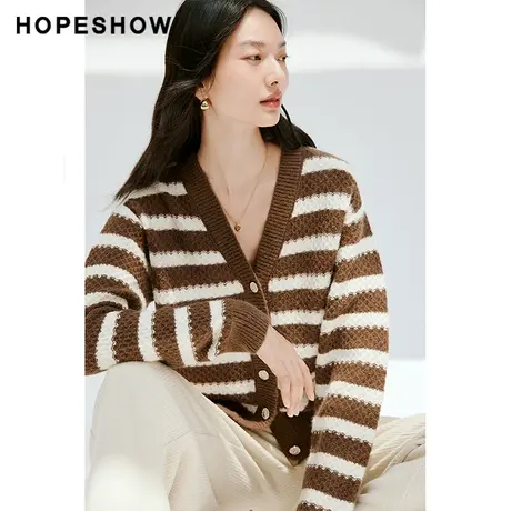 【直播专享】秋季条纹落肩单排扣V领针织开衫90123320111红袖图片