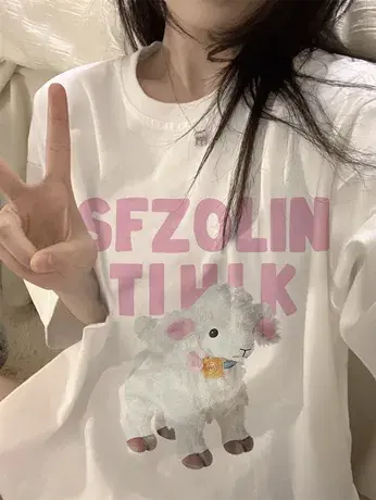 大码t恤女夏季慵懒风纯棉短袖宽松韩版百搭学生洋气可爱减龄上衣图片