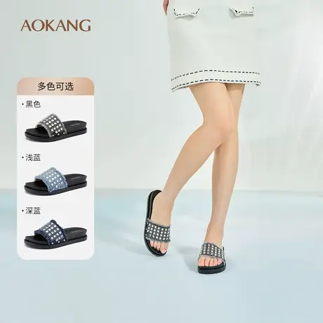 奥康女鞋夏季新款时尚水钻牛仔流苏厚底一字拖可外穿防滑仙女拖鞋商品大图