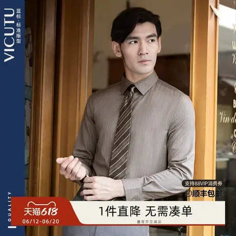 VICUTU/威可多男士长袖衬衫春秋羊毛混纺舒条纹打底商务衬衣商品大图