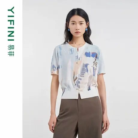 [专柜同款]Yifini/易菲纯棉短袖圆领印花短款针织开衫女D04T1002商品大图