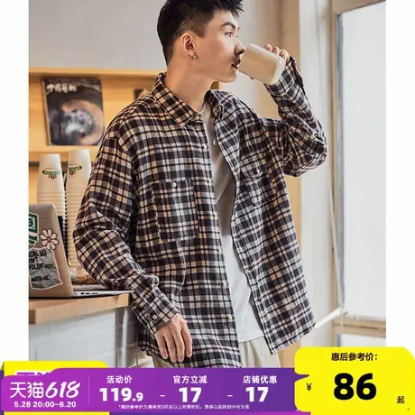 唐狮春秋季新款长袖格子衬衫男复古日系黑白格纹休闲男士衬衣宽松商品大图