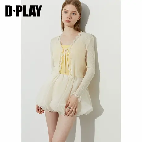 DPLAY【惠品】2025年夏季新款白色针织衫女气质开衫蕾丝花边上衣商品大图