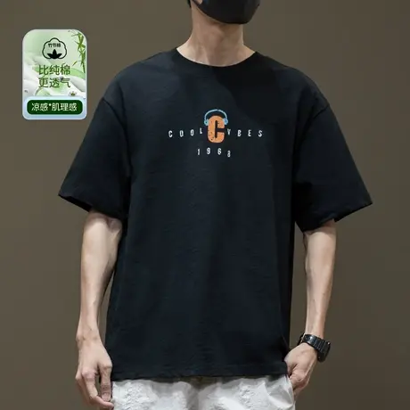 竹节棉肌理针织短袖T恤男2025夏季新款宽松大码男士五分袖体恤衫商品大图