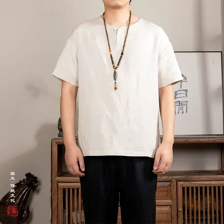棉麻男士T恤夏季短袖薄款简约透气潮流舒适亚麻上衣男装中国风潮商品大图