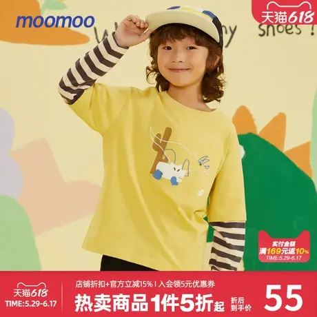 moomoo童装假两件T恤男春秋长袖格子撞色拼接全棉T恤趣味潮流上衣商品大图