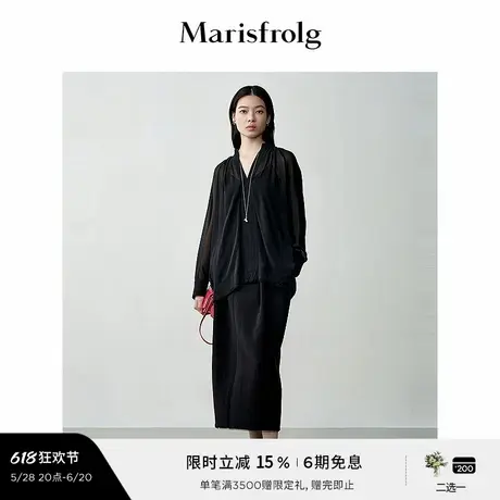【精简美学】玛丝菲尔秋优雅V领毛边下摆桑蚕丝乔其上衣图片