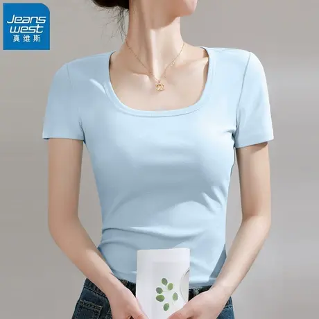 KHV真维斯蓝色正肩方领短袖t恤女夏2025新款辣妹修身显瘦短款上衣商品大图