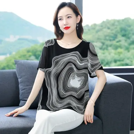 雪纺衫短袖女上衣2023年新款夏季遮肚宽松显瘦减龄中长款时尚小衫商品大图