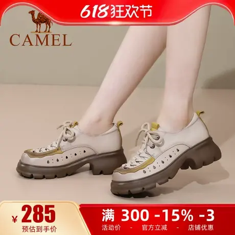 骆驼女鞋2025春夏季新款真皮镂空凉鞋女复古拼色厚底休闲鞋洞洞鞋图片