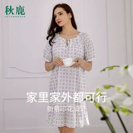 秋鹿梭织纯棉睡裙夏季女款简约几何印花连衣裙短袖女裙可外穿薄款商品大图