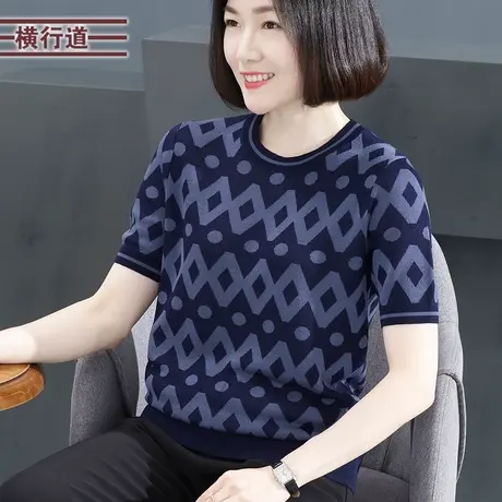 针织短袖女夏季新款中年妈妈圆领撞色女装2023新款上衣显瘦夏装女图片
