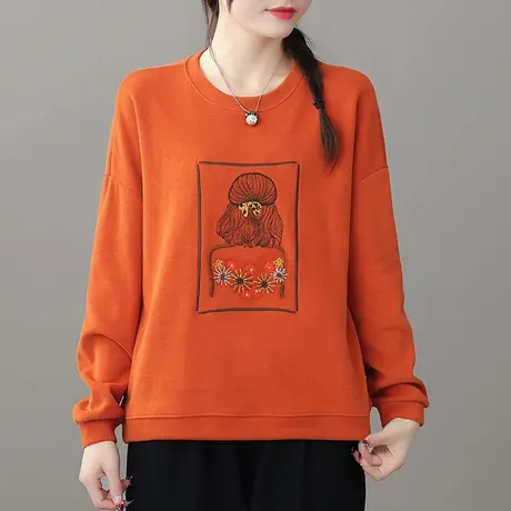 dza 纯棉圆领休闲橘色卫衣女士春秋短款长袖外套薄款百搭运动上衣图片