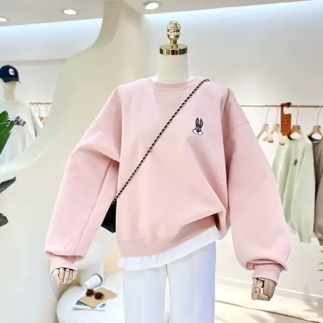 简约卡通刺绣兔子韩版春秋下摆拼接白边假两件圆领卫衣女外套单穿商品大图