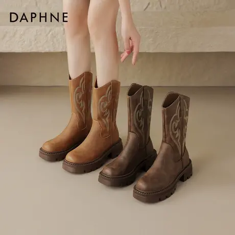 达芙妮新疆旅游穿搭靴子女夏季厚底草原民族风棕色骑士西部牛仔靴商品大图
