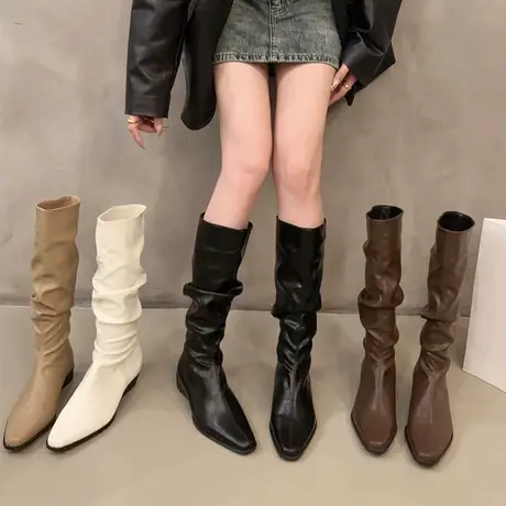 粗跟褶皱堆堆长筒骑士靴女2023年新款秋冬西部瘦瘦中筒长靴子大码图片