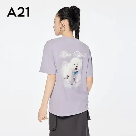 A21女装落肩袖圆领T恤2025夏季新款简约宽松字母印花小狗短袖上衣图片