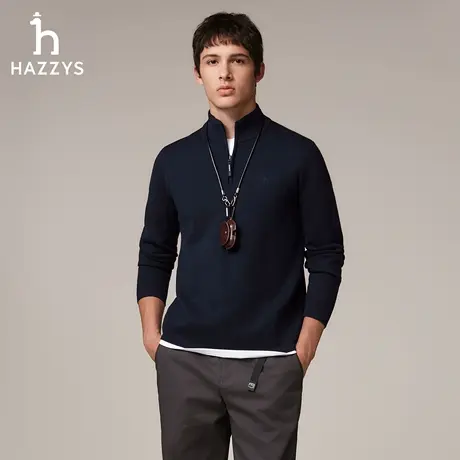 【半拉链毛衣】Hazzys哈吉斯秋季男士纯色立领直筒保暖羊毛针织衫图片