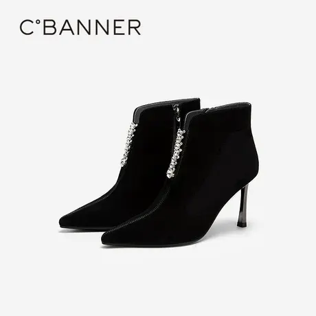 千百度尖头细跟高跟时装靴2025冬季新款绒面水钻时尚通勤短靴女商品大图