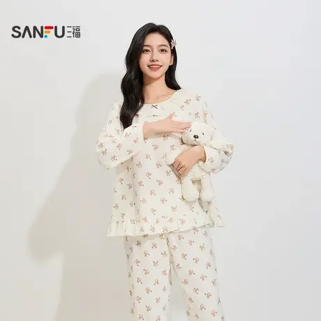 三福女秋季圆领花边碎花套装 清新甜系少女宽松家居服女844289图片