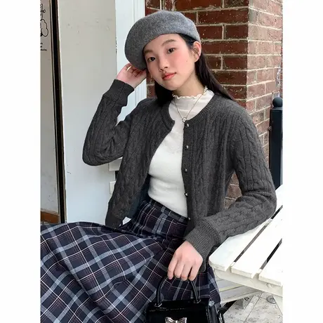 NOW真维斯灰色开衫女2025新款绞花针织外套短款上衣早秋韩系穿搭商品大图