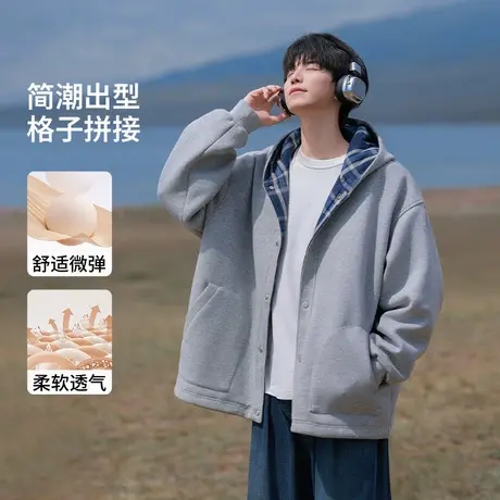 雅鹿连帽开衫卫衣男款春秋华棉宽松休闲上衣纯色户外运动帽衫外套商品大图