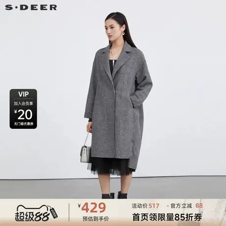 sdeer圣迪奥女装西装领格纹茧型长款毛呢大衣S214Z1871商品大图
