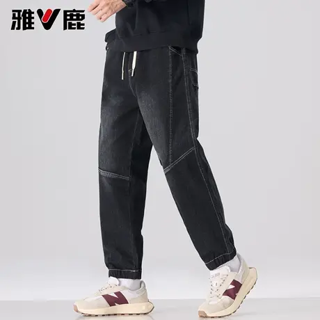 雅鹿休闲裤男 2025秋冬季新款松紧腰抽绳港风牛仔款宽松加绒裤男商品大图