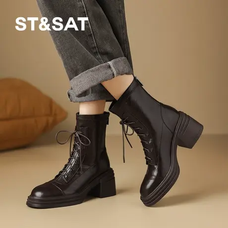 星期六2025新款英伦风系带马丁靴女粗跟短靴圆头机车靴黑色时装靴图片