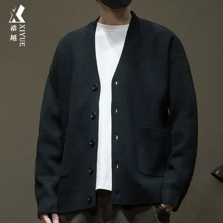 针织开衫毛衣外套男春秋日系高级感宽松大码秋装黑色男士V领衬衫商品大图