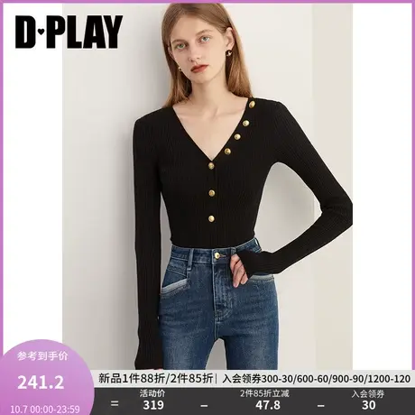 DPLAY2023冬法式气质经典黑V领不对称金属扣修身针织套头毛衣商品大图
