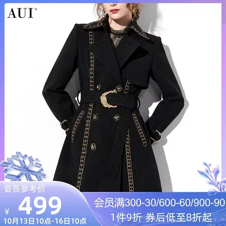 AUI黑色欧美设计感小众毛呢外套女冬2023新款气质中长款呢子大衣图片