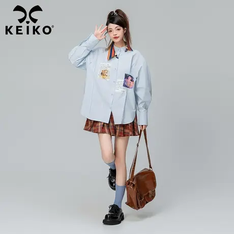 KEIKO 文艺风贴布印花长袖衬衣女2023秋冬别致小众设计异色领上衣图片