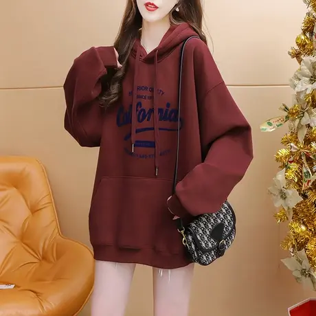 加绒加厚连帽卫衣女中长款2023新款秋冬爆款洋气宽松oversize外套图片