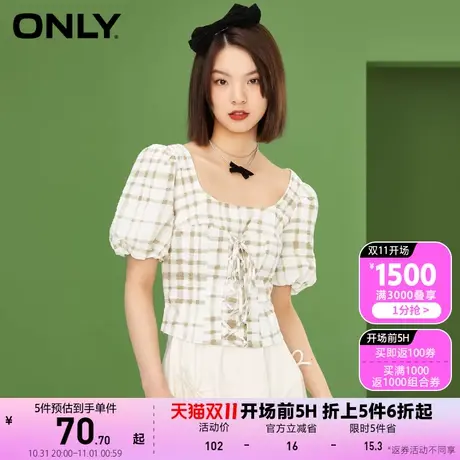 【买4免1】ONLY奥莱夏季方领抽绳优雅修身短袖泡泡袖雪纺衫女商品大图