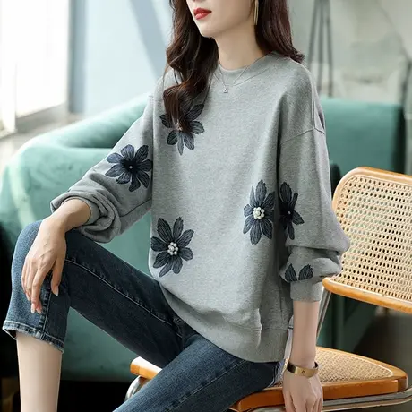 宝诗黎灰色圆领钉珠印花纯棉卫衣女2023新款秋装时尚宽松长袖上衣商品大图