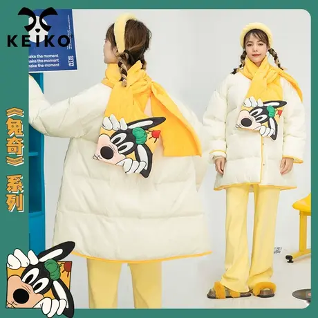 俏皮卡通贴花围巾领白色棉服女中长款2022冬天新宽松棉袄保暖外套商品大图