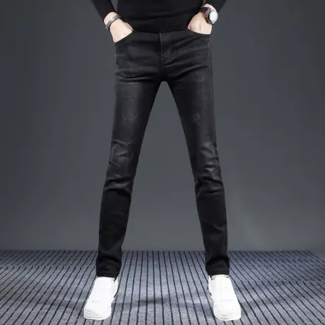 轻奢牛仔裤男2023秋冬新款潮牌修身小脚黑灰色男士弹力百搭休闲裤商品大图