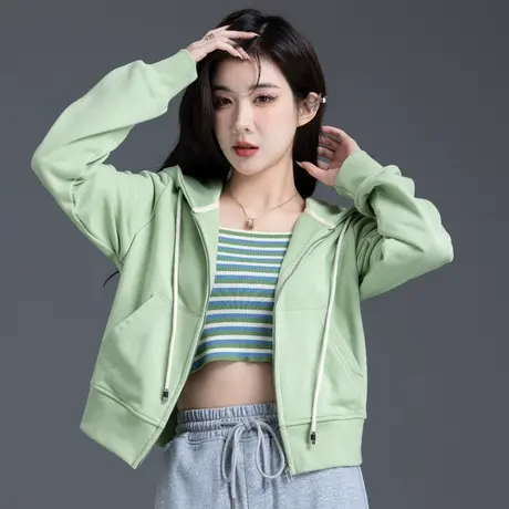 淡绿色连帽卫衣外套女2023年新款长袖开衫纯色小个子短款今年流行商品大图