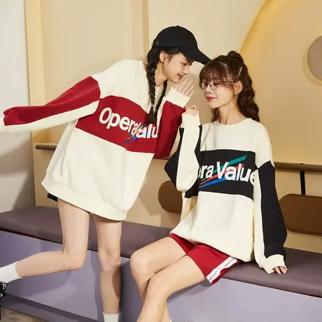 唐狮秋冬新款字母卫衣女秋季bf风宽松加绒圆领oversize上衣潮图片