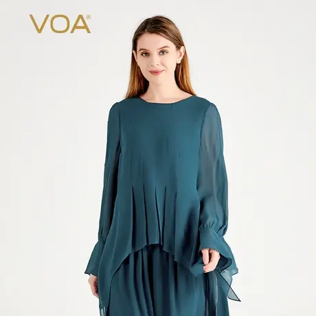 VOA桑蚕丝乔其纱深蓝圆领喇叭长袖尖角宽松直筒简约双层真丝T恤图片