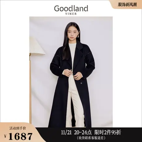 【100绵羊毛】Goodland美地女装冬季双面毛呢大衣收腰不对称外套商品大图
