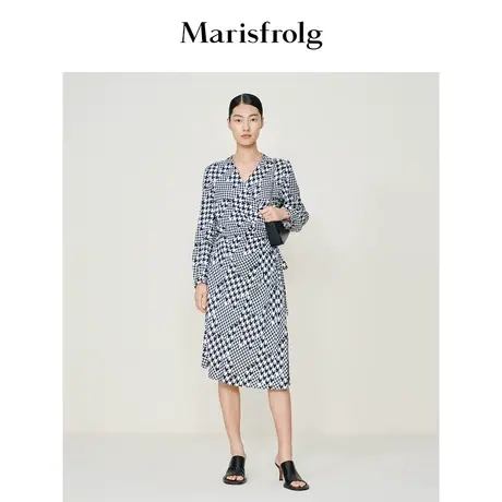 【逐光之旅】玛丝菲尔秋季千鸟格围裹式收腰绑带连衣裙女图片