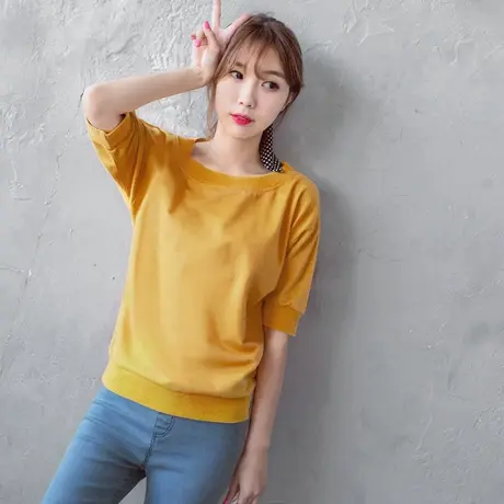 桔熊春秋季基础款t恤少女薄款卫衣糖果色五分半袖上衣大码AB5933图片