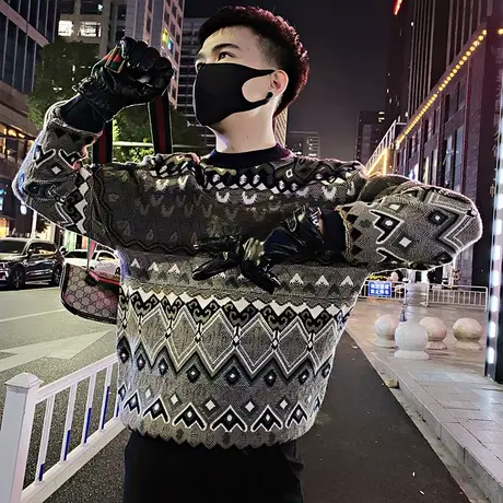 轻熟满印菱格花色毛衣男冬款套头内搭线衣ins重磅加厚针织打底衫商品大图