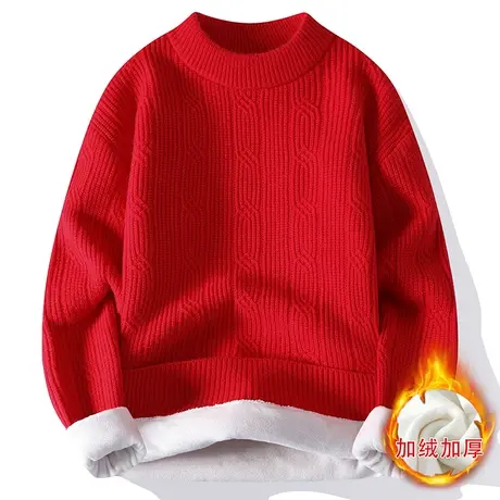 半高领毛衣男秋冬季加绒加厚纯色扭花打底衣青年保暖绵羊绒针织衫商品大图