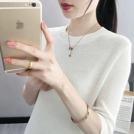 t恤衫女士2023夏季新款韩版宽松圆领纯色百搭短袖套头针织衫上衣图片